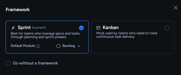 Taskonio framework settings offering Sprint, Kanban, or no framework