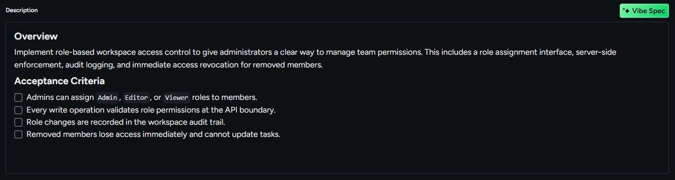 A formatted Taskonio task description with an overview and four acceptance criteria