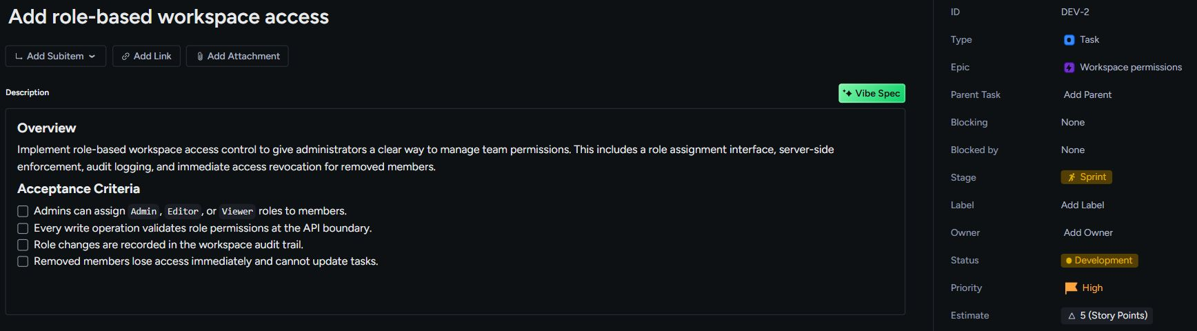 A Taskonio task with an implementation summary, acceptance criteria, and workflow properties