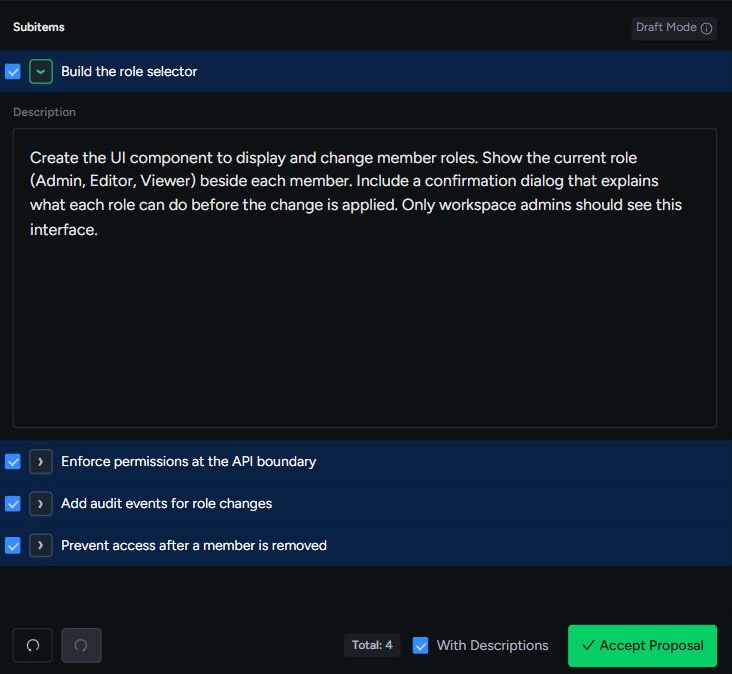 Vibe Breakdown proposing four child tasks, with an expanded description and Accept Proposal control