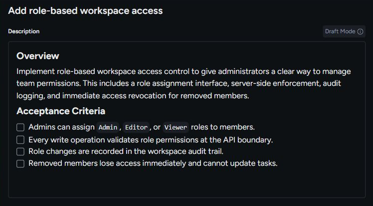 An editable Vibe Speccing draft with four acceptance criteria for workspace access